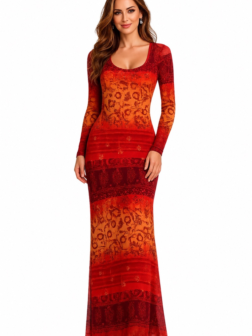 Moda International Red and Orange Long Sleeve Scoop Maxi Dress Size XS